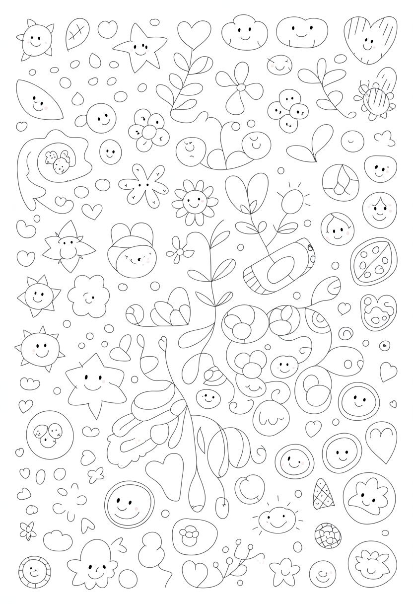 Coloring Pages Cute Ideas for Kids: 21 Engaging Designs to Inspire Creativity 38 A collection of simple cute patterns including stars, hearts, flowers, clouds, and geometric shapes arranged evenly for coloring.